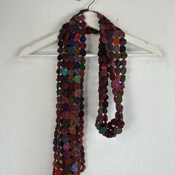 Seastra Handmade Yo-Yo Quilt Scarf Wrap Multicolor Textured Circles Boho 80"x3" - Picture 1 of 4